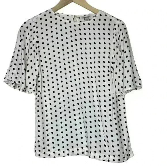 a new day Tops - a new day White and Black Polka Dot Flutter Sleeve Blouse